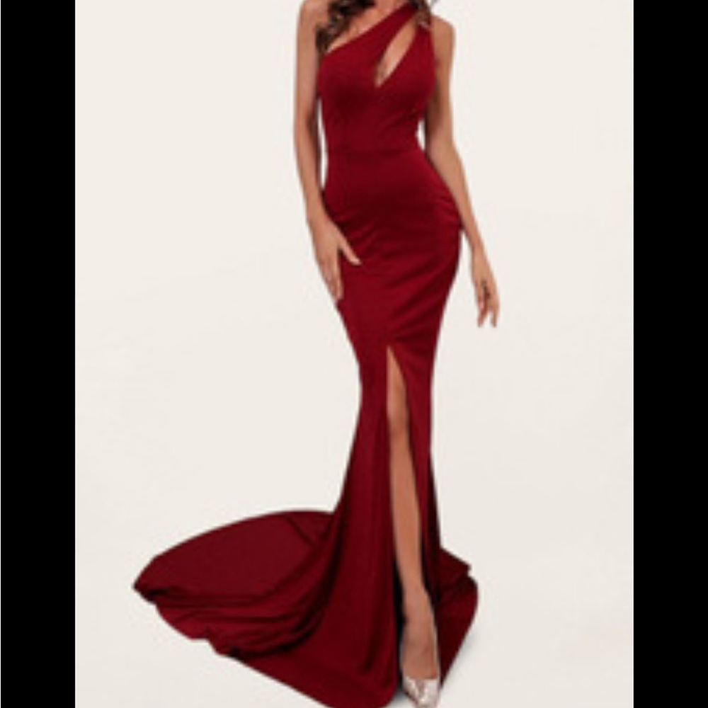 Burgundy one shoulder gown
